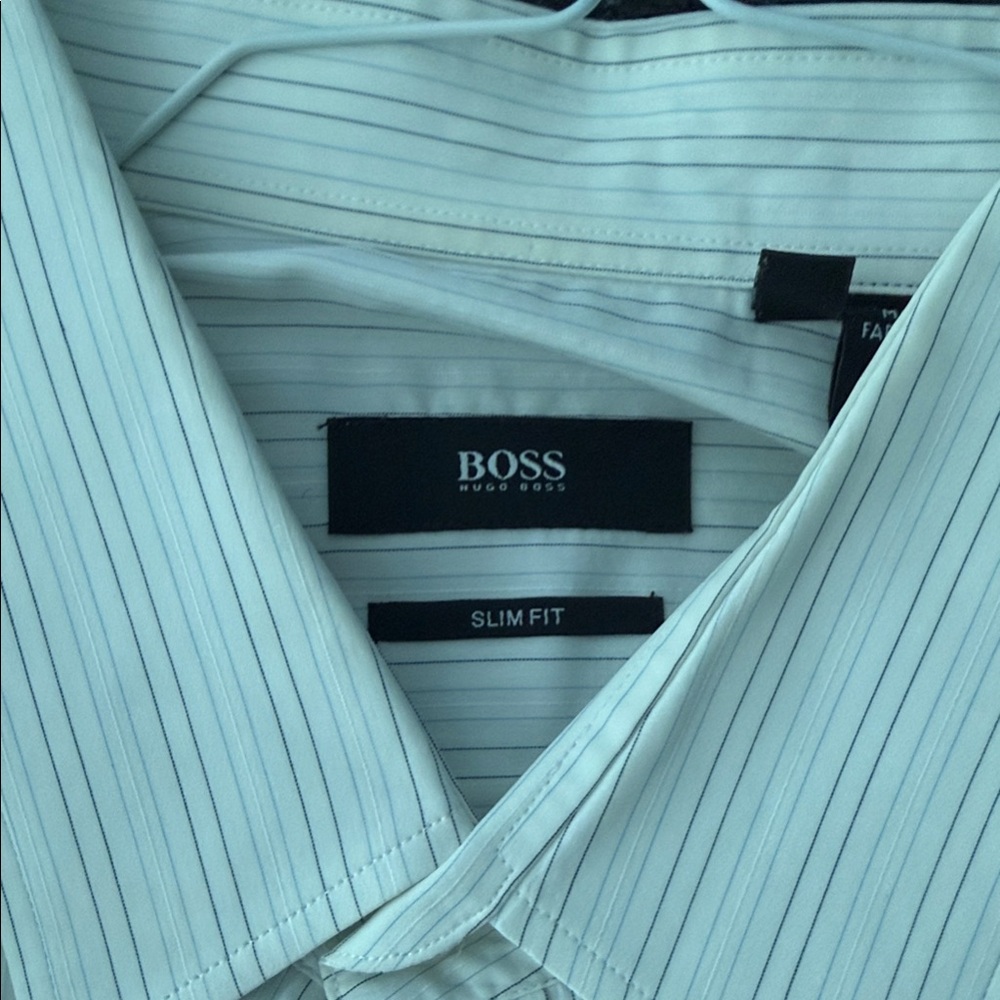 Hugo Boss Slim-Fit White Dress Shirt with Thin Blue Pinstripes
